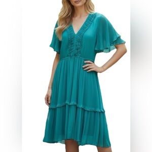 Sundance Monaco Meetup Teal Ruffle Midi Dress SMALL NWT
